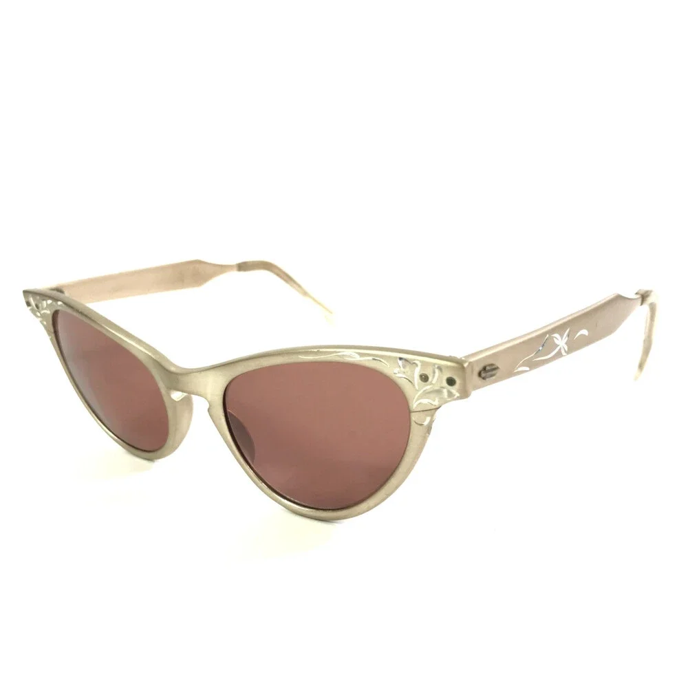 Vintage Artcraft Sunglasses 4-5 1/4 Satin Gold Aluminum Cat Eye w/ Red Lenses
